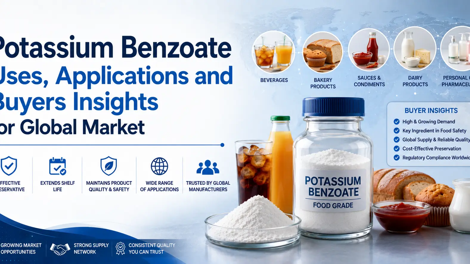 El benzoato de potasio utiliza aplicaciones y conocimientos de los compradores para el mercado global